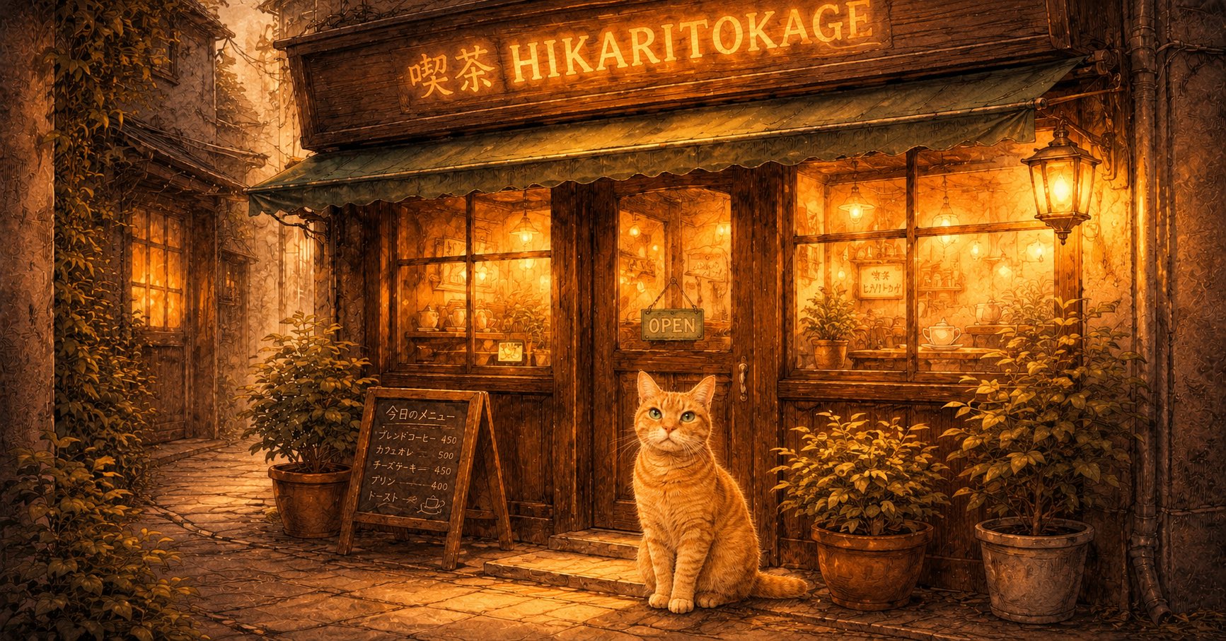 夜の路地に灯る喫茶HIKARITOKAGEの店先。看板に「喫茶HIKARITOKAGE」、扉の前にちーぼうが座っている。